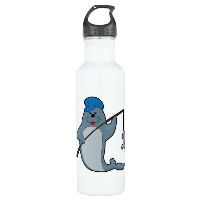 Seal at Fishing with Fishing rod & Fish 710 Ml Water Bottle (Front)