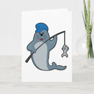 Seal at Fishing with Fishing rod & Fish Card