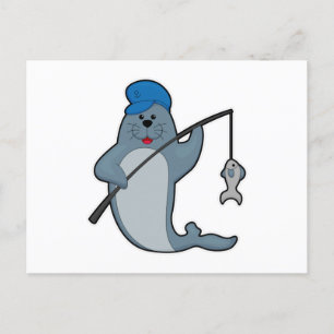 Seal at Fishing with Fishing rod & Fish Postcard