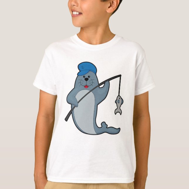 Seal at Fishing with Fishing rod & Fish T-Shirt (Front)