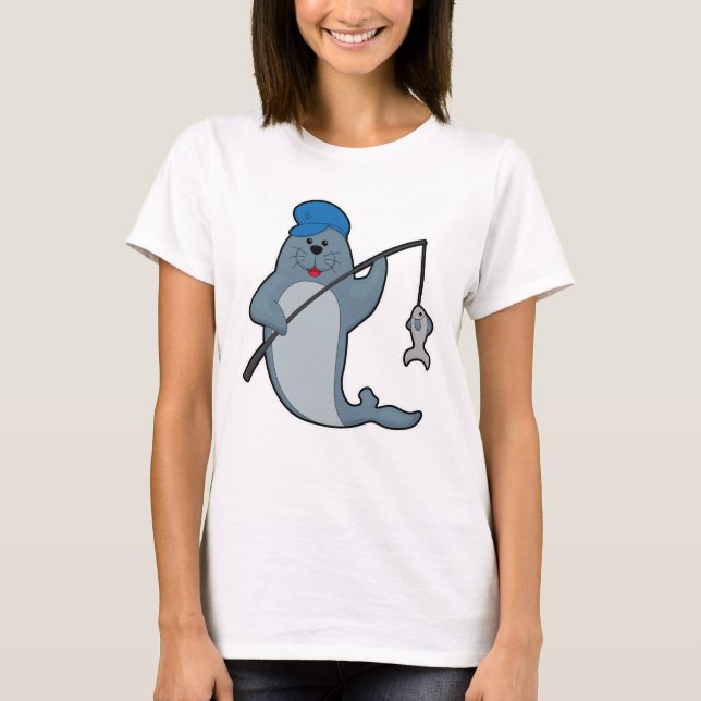 Seal at Fishing with Fishing rod & Fish T-Shirt (Front)