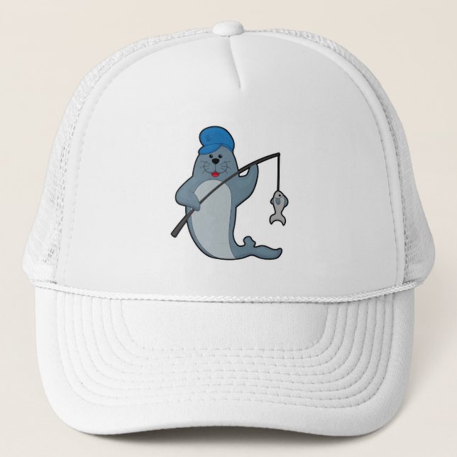 Seal at Fishing with Fishing rod & Fish Trucker Hat (Front)