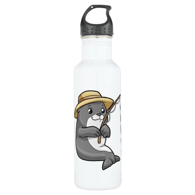 Seal at Fishing with Fishing rod & Hat 710 Ml Water Bottle (Front)