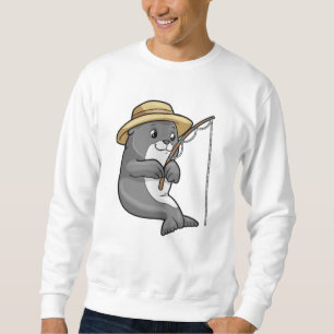 Seal at Fishing with Fishing rod & Hat Sweatshirt