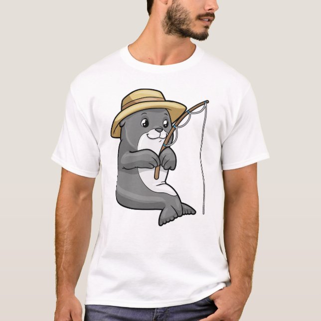 Seal at Fishing with Fishing rod & Hat T-Shirt (Front)