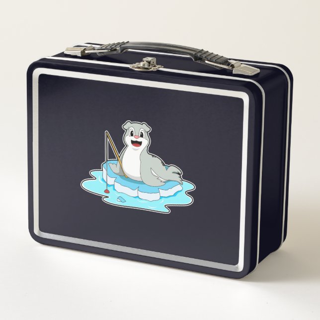 Seal at Fishing with Fishing rod Metal Lunch Box (Front)