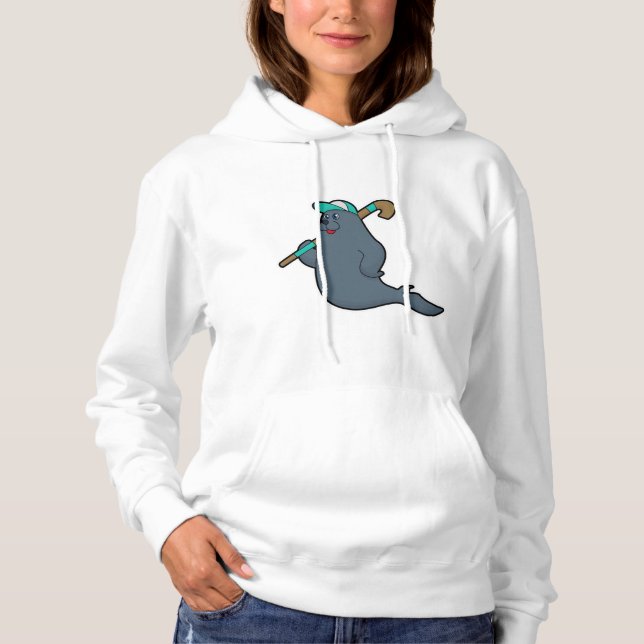 Seal at Hockey with Hockey stick Hoodie (Front)