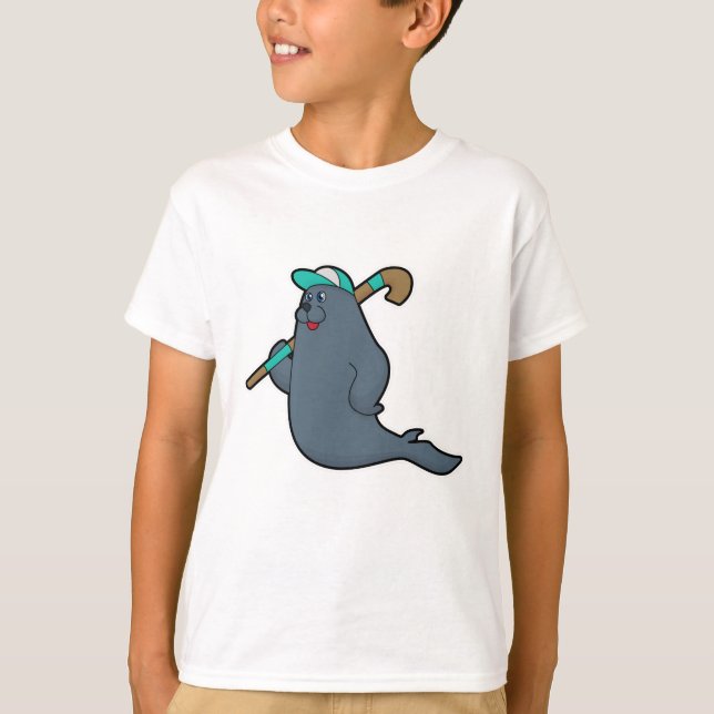 Seal at Hockey with Hockey stick T-Shirt (Front)