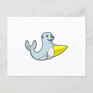 Seal at Surfing with Surfboard Postcard