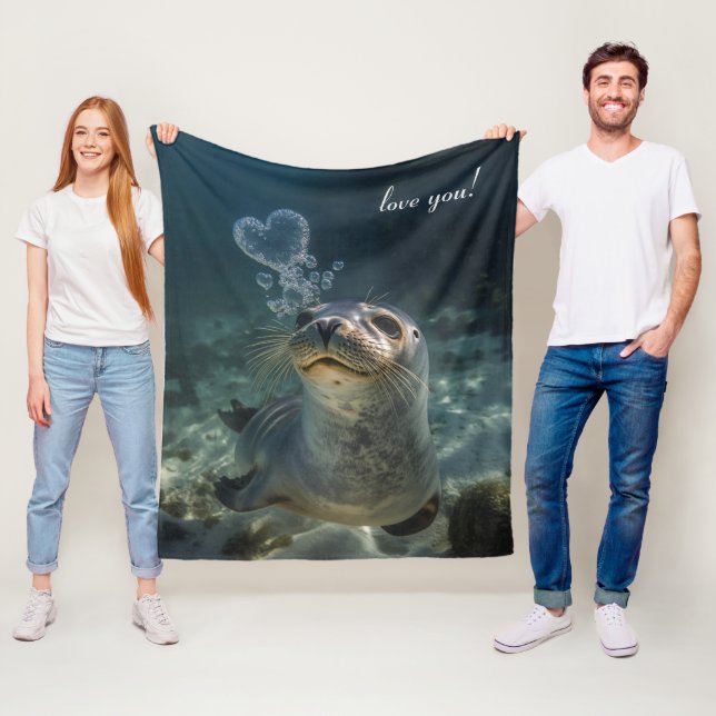 seal blowing heart bubbles fleece blanket (In Situ)