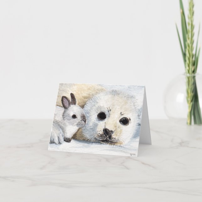 Seal Cub and White Rabbit Painting Note Card (Front)