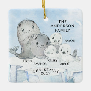 Seal Family Family of 5 Christmas Ceramic Ornament