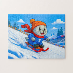 Seal Sledding Down a Snowy Mountain Hill Jigsaw Puzzle