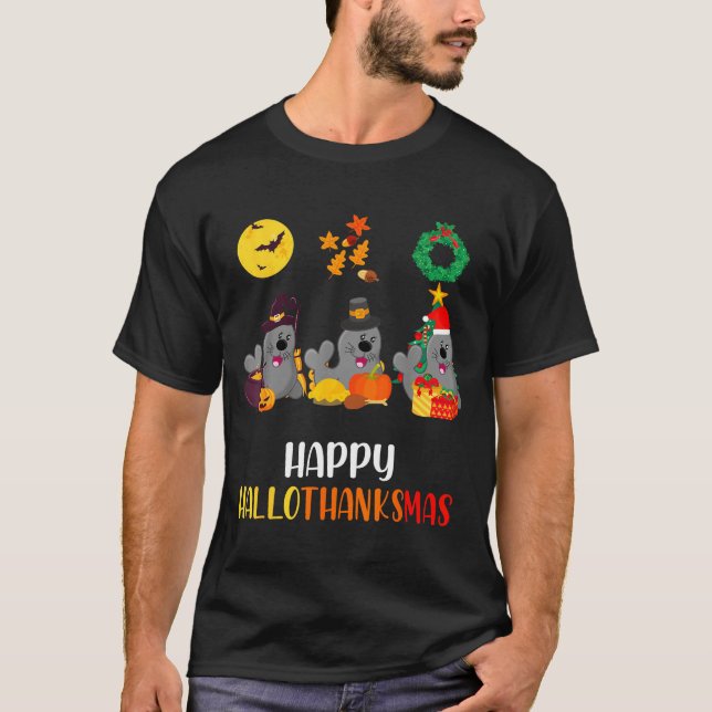 Seal Thanksgiving Merry Christmas Happy Hallothank T-Shirt (Front)