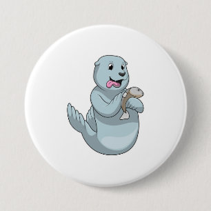 Seal with Fish 7.5 Cm Round Badge