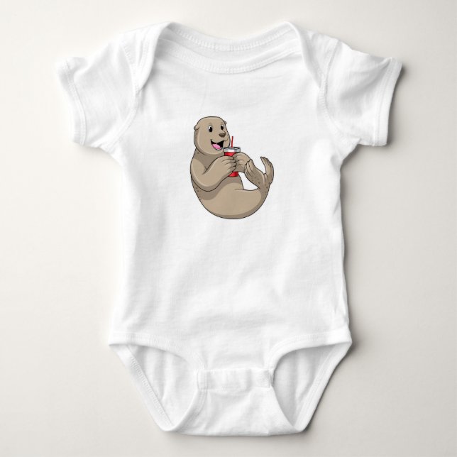 Seal with Mug with Straw Baby Bodysuit (Front)