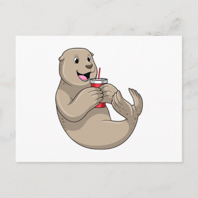 Seal with Mug with Straw Postcard (Front)