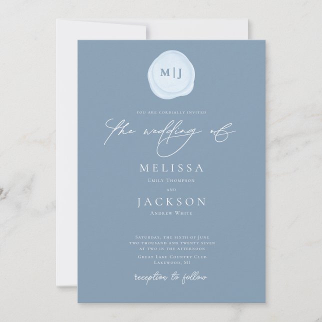 Sealed Initials Minimalist Light Blue Wedding Invitation (Front)