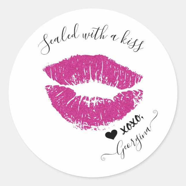 Sealed with a Kiss Custom Name Pink Lips Heart Classic Round Sticker (Front)