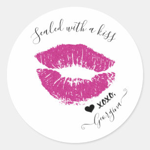 Sealed with a Kiss Custom Name Pink Lips Heart Classic Round Sticker