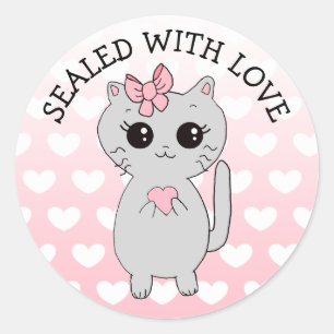 Sealed with Love Cartoon Cat with Bow Heart Classic Round Sticker