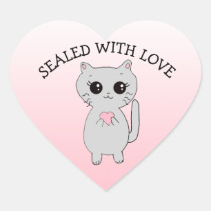 Sealed with Love Little Kitten with Heart Heart Sticker