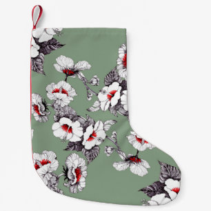 Sealess white-red flowers: green decor small christmas stocking