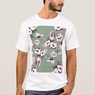 Sealess white-red flowers: green decor T-Shirt
