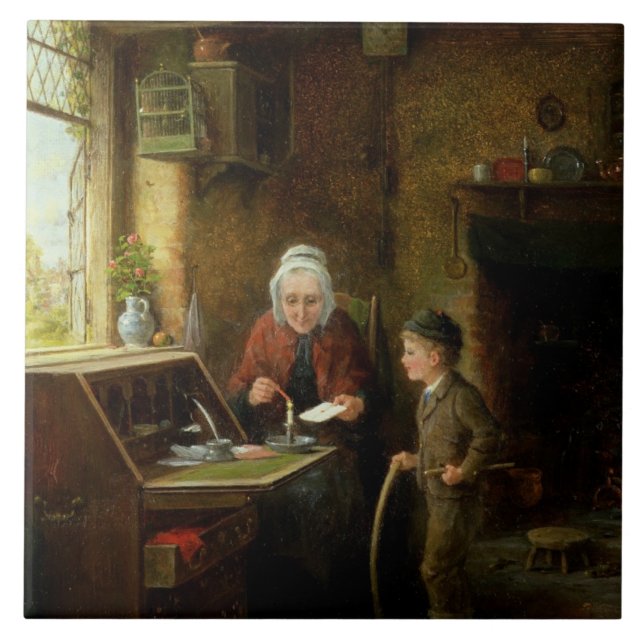 Sealing a Letter, 1890 (oil on panel) Tile (Front)