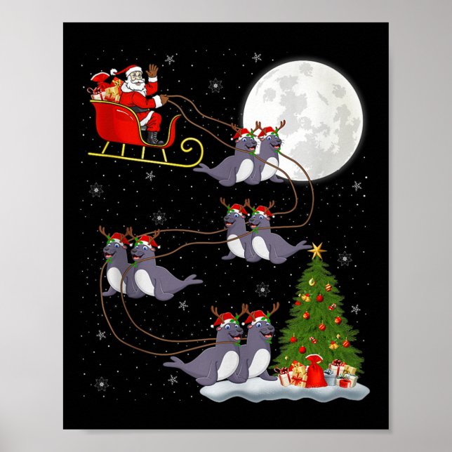 Seals Santa Sleigh Flying Funny Magical Christmas  Poster (Front)