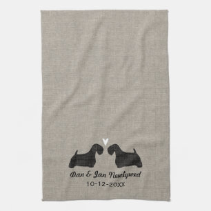 Sealyham Terrier Silhouettes with Heart and Text Tea Towel