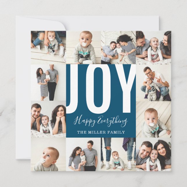 Seamless 12 Photo Joy Happy Everything Navy Holiday Card (Front)