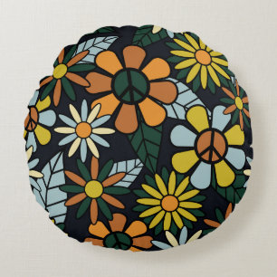 Seamless 70's retro hippie flowers pattern - Vinta Round Cushion