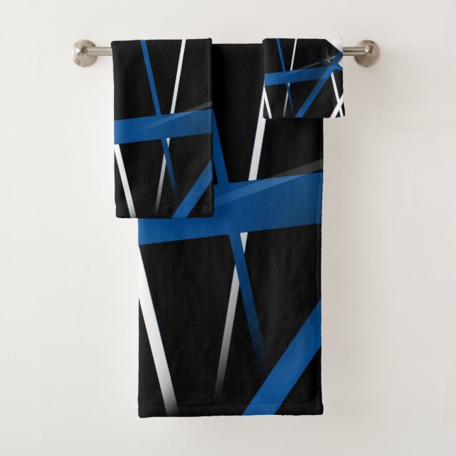 Seamless Abstract  Blue and White Lines On Black B Bath Towel Set (Insitu)