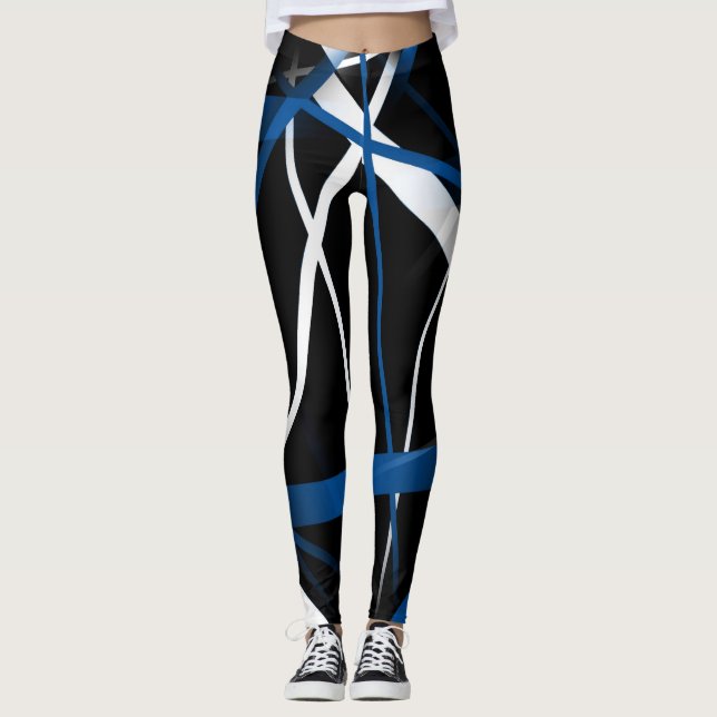 Seamless Abstract  Blue and White Lines On Black B Leggings (Front)