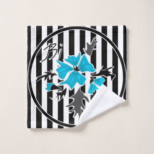 Seamless abstract blue flowers floral white black bath towel set