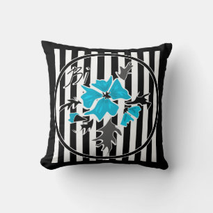 Seamless abstract blue flowers floral white black cushion