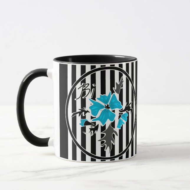 Seamless abstract blue flowers floral white black mug (Left)