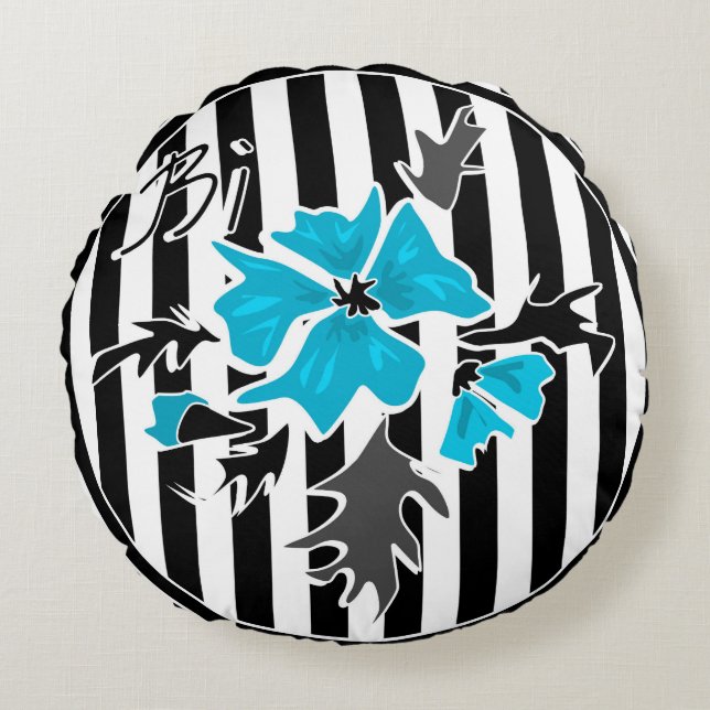 Seamless abstract blue flowers floral white black round cushion (Front)