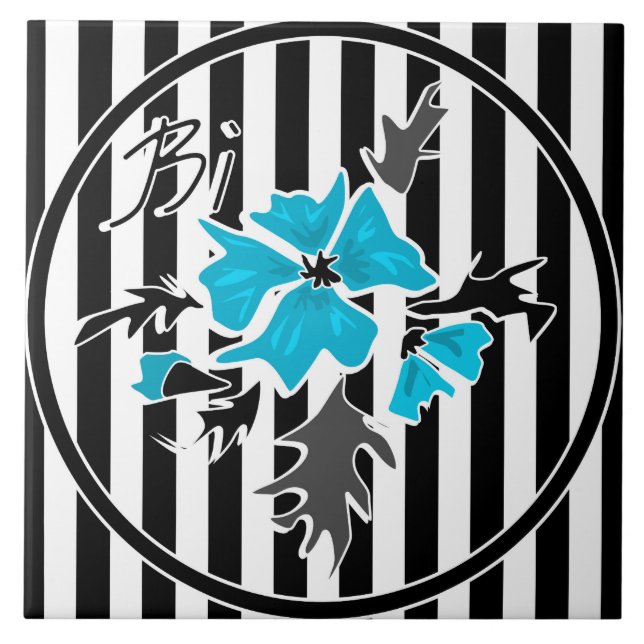 Seamless abstract blue flowers floral white black tile (Front)