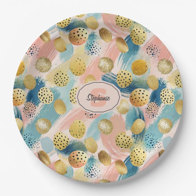 Seamless Abstract Brushstroke & Gold Shape Pattern Paper Plate (Front)