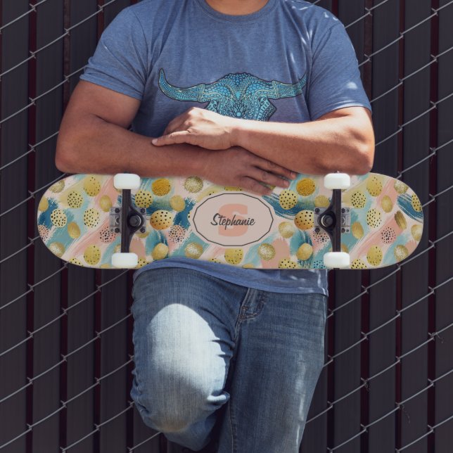 Seamless Abstract Brushstroke & Gold Shape Pattern Skateboard (Outdoor 3)