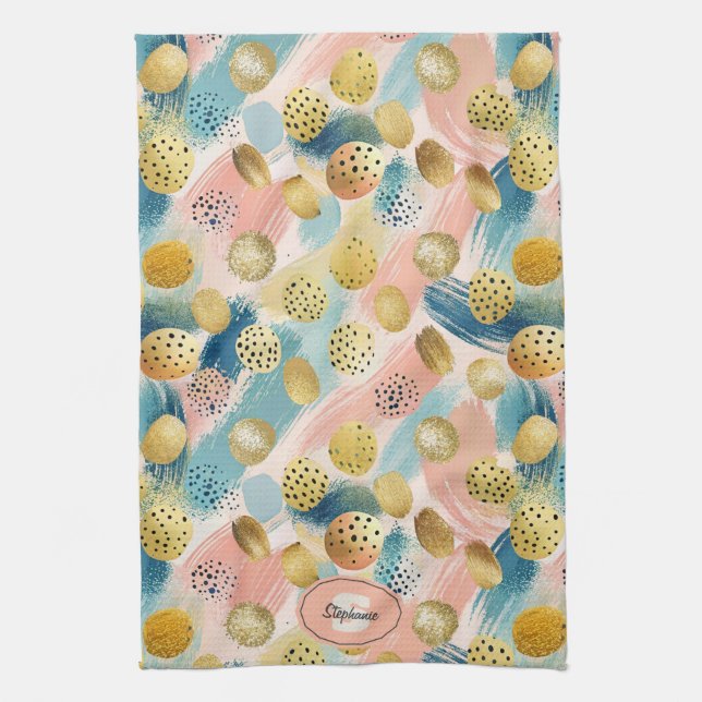 Seamless Abstract Brushstroke & Gold Shape Pattern Tea Towel (Vertical)