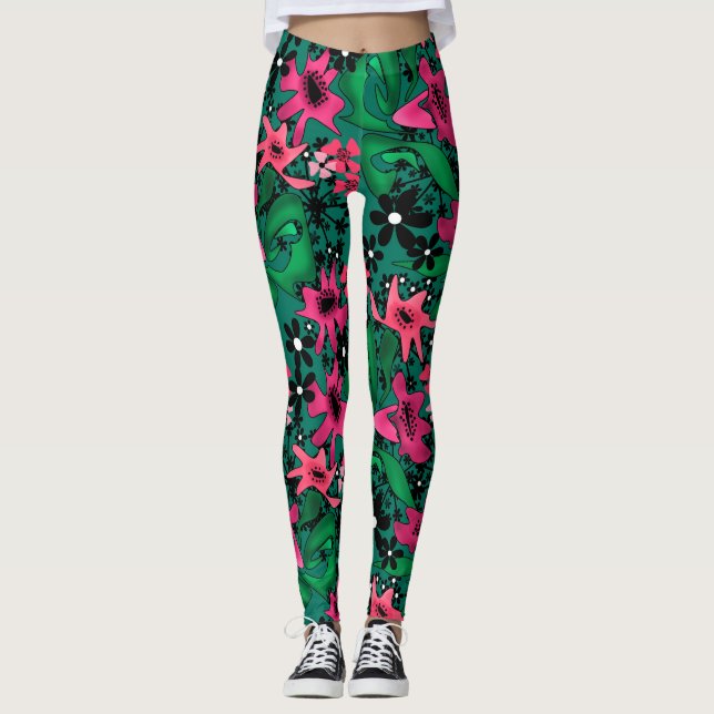 Seamless abstract cartoon cute flowers floral gree leggings (Front)