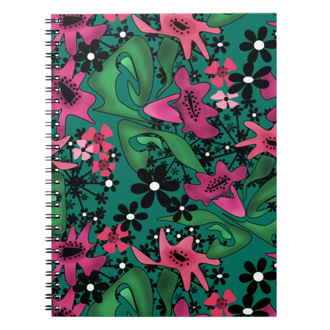 Seamless abstract cartoon cute flowers floral gree notebook (Front)