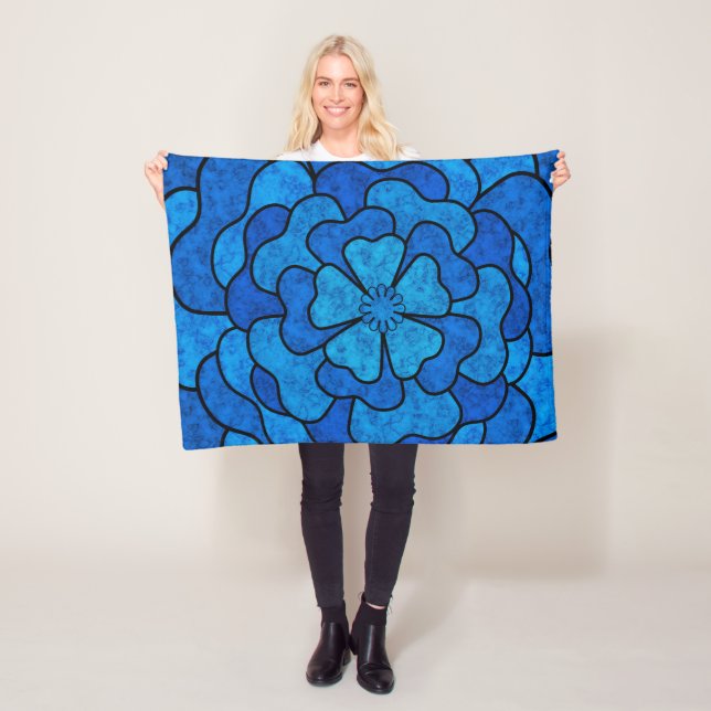 Seamless abstract floral flowers black blue colour fleece blanket (In Situ)