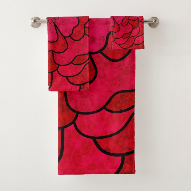 Seamless abstract floral flowers white red colour  bath towel set (Insitu)