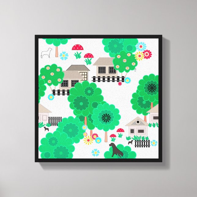 Seamless abstract kids cartoon houses dogs trees g canvas print (Front)