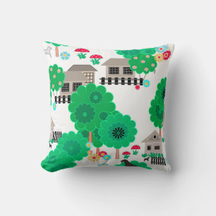 Seamless abstract kids cartoon houses dogs trees g cushion