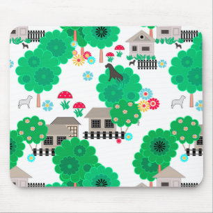 Seamless abstract kids cartoon houses dogs trees g mouse mat